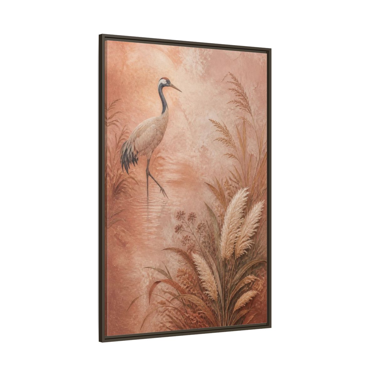 Side Mockup 8. Boho Crane In Blush Mist shown as framed canvas print