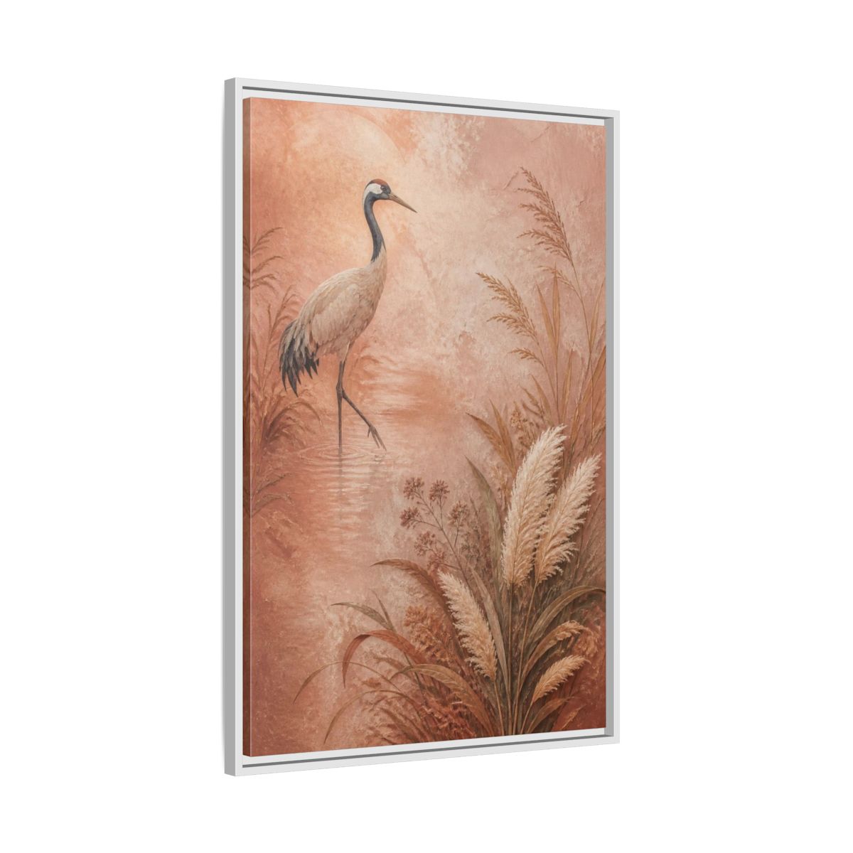 Side Mockup 9. Boho Crane In Blush Mist shown as framed canvas print