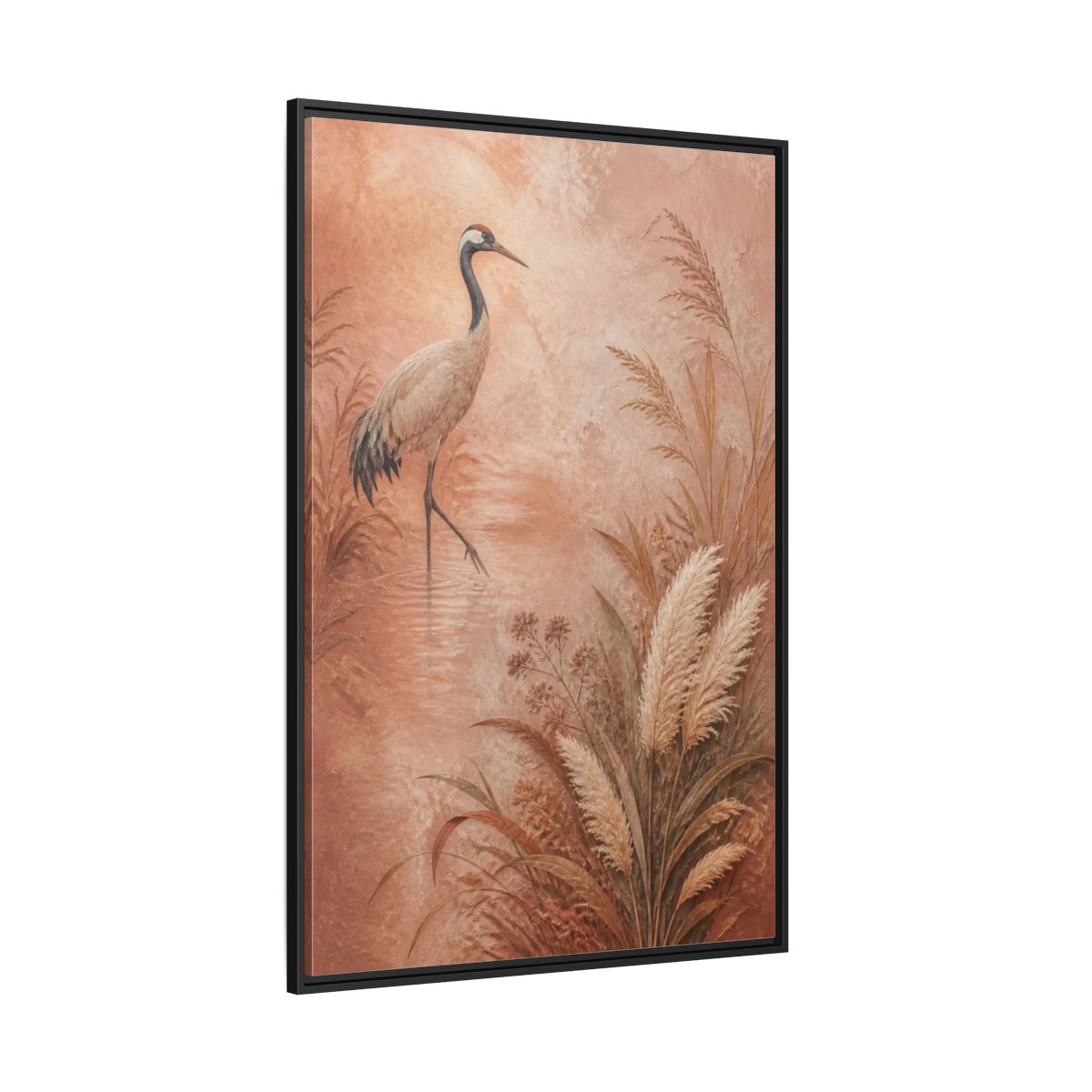 Side Mockup 12. Boho Crane In Blush Mist shown as framed canvas print