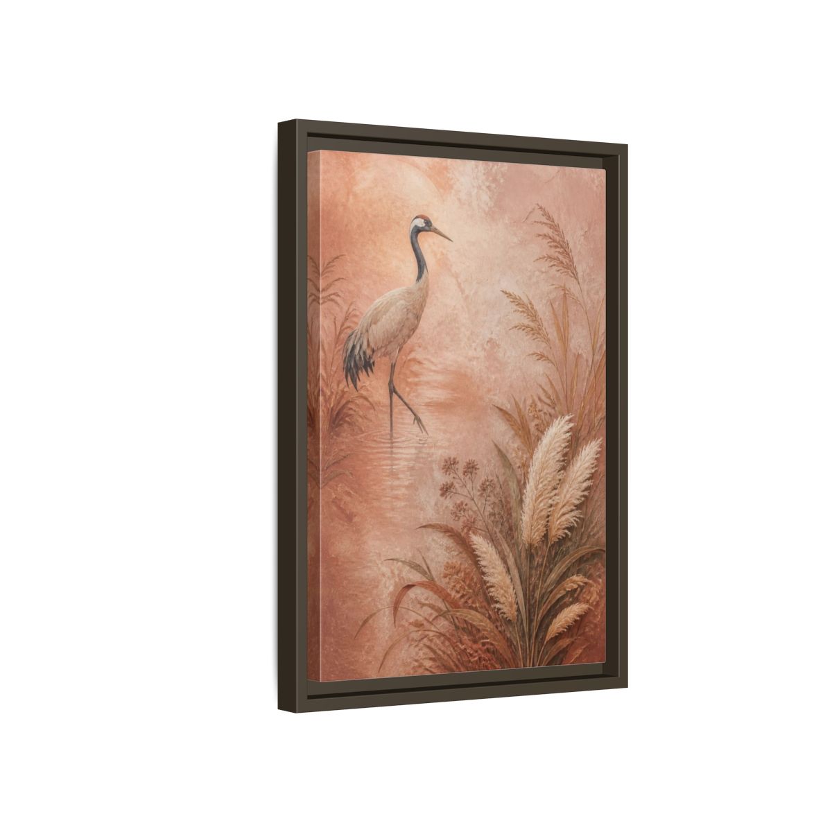 Side Mockup 5. Boho Crane In Blush Mist shown as framed canvas print