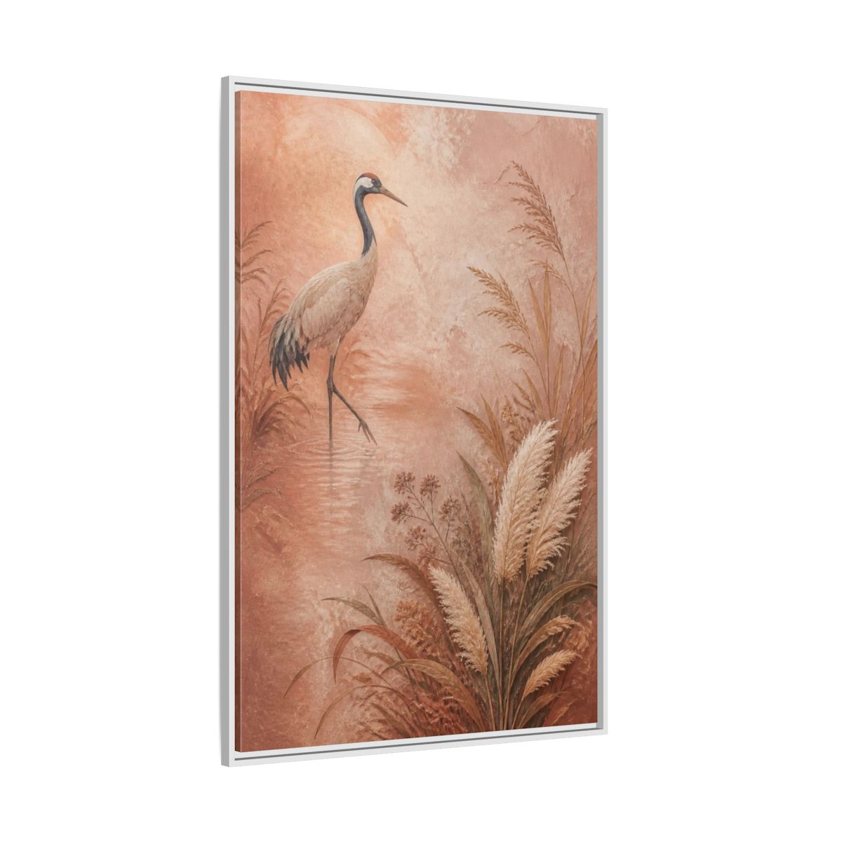 Side Mockup 7. Boho Crane In Blush Mist shown as framed canvas print