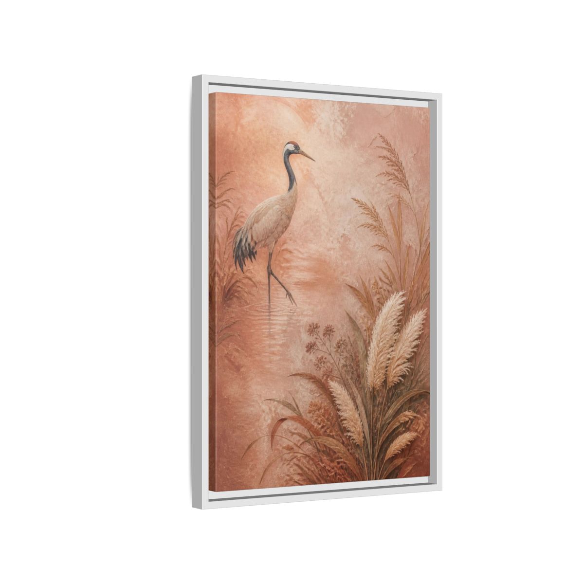 Side Mockup 1. Boho Crane In Blush Mist shown as framed canvas print