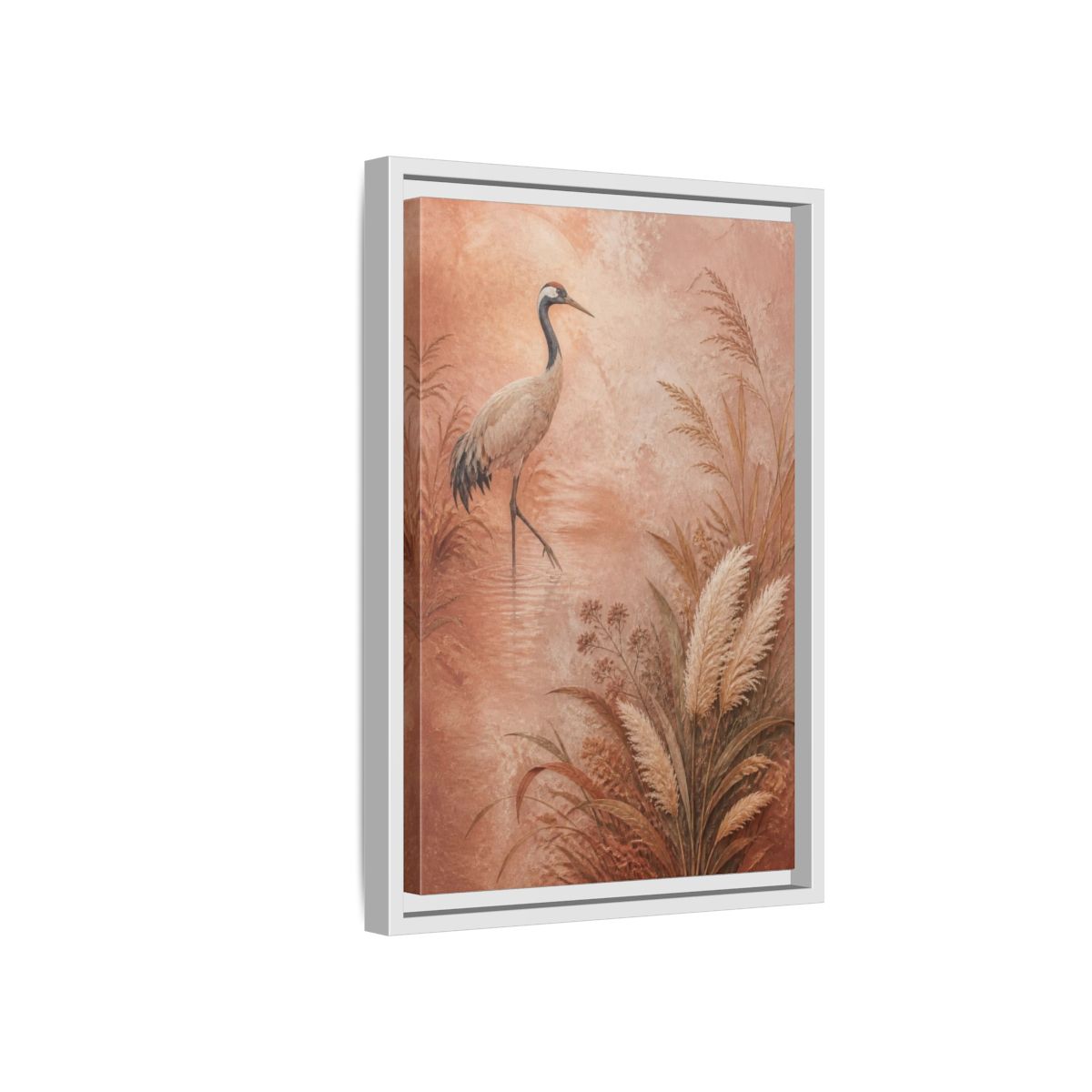 Side Mockup 4. Boho Crane In Blush Mist shown as framed canvas print