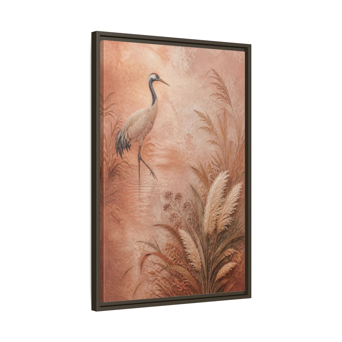 Side Mockup 11. Boho Crane In Blush Mist shown as framed canvas print
