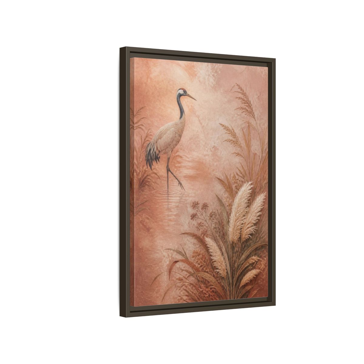 Side Mockup 2. Boho Crane In Blush Mist shown as framed canvas print