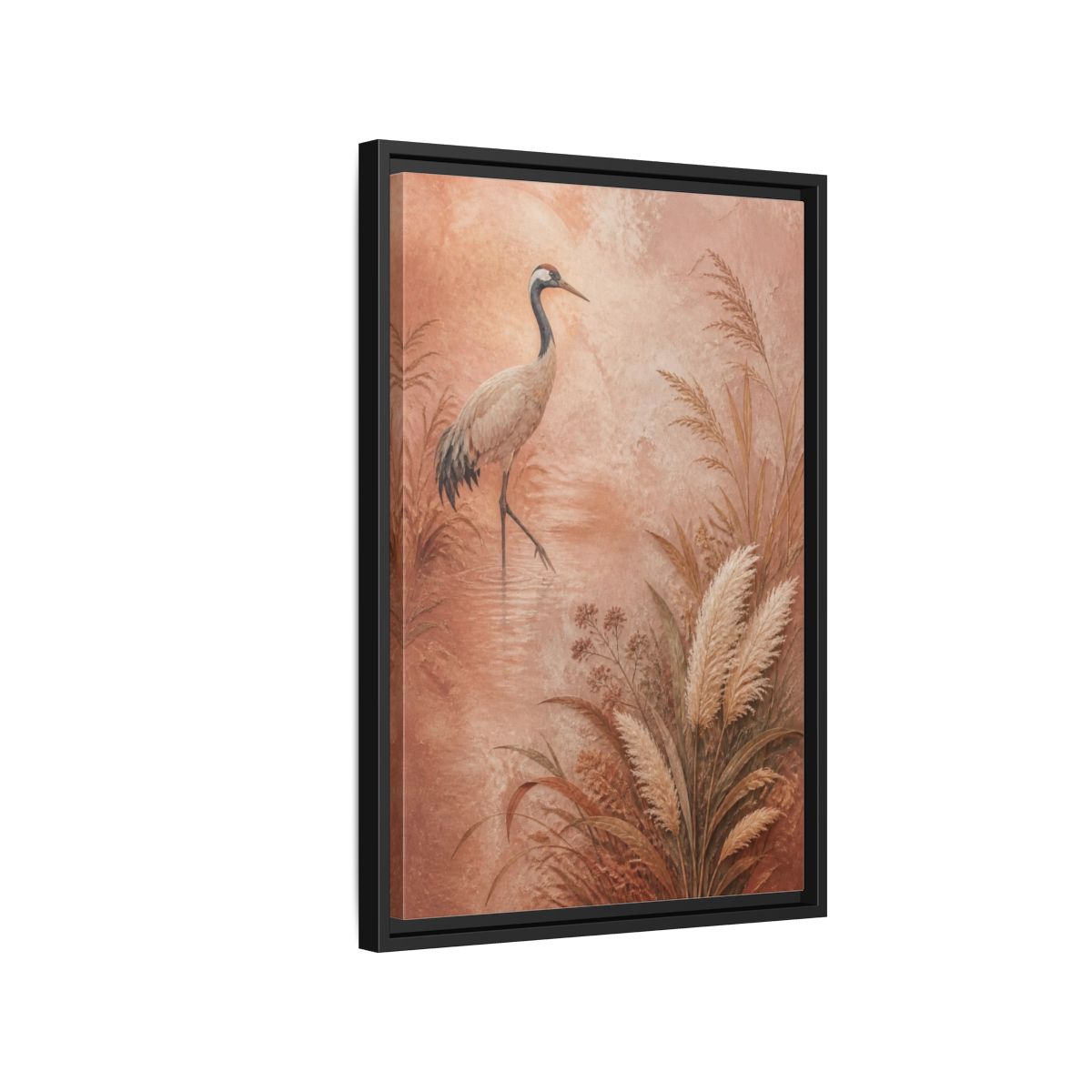 Side Mockup 3. Boho Crane In Blush Mist shown as framed canvas print