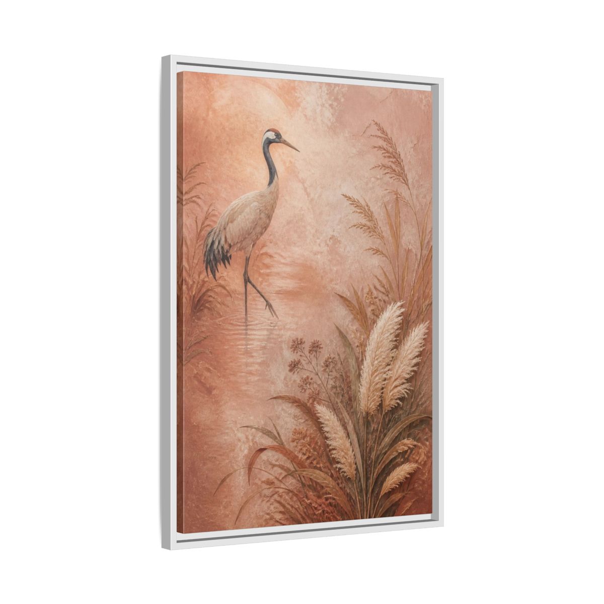 Side Mockup 10. Boho Crane In Blush Mist shown as framed canvas print
