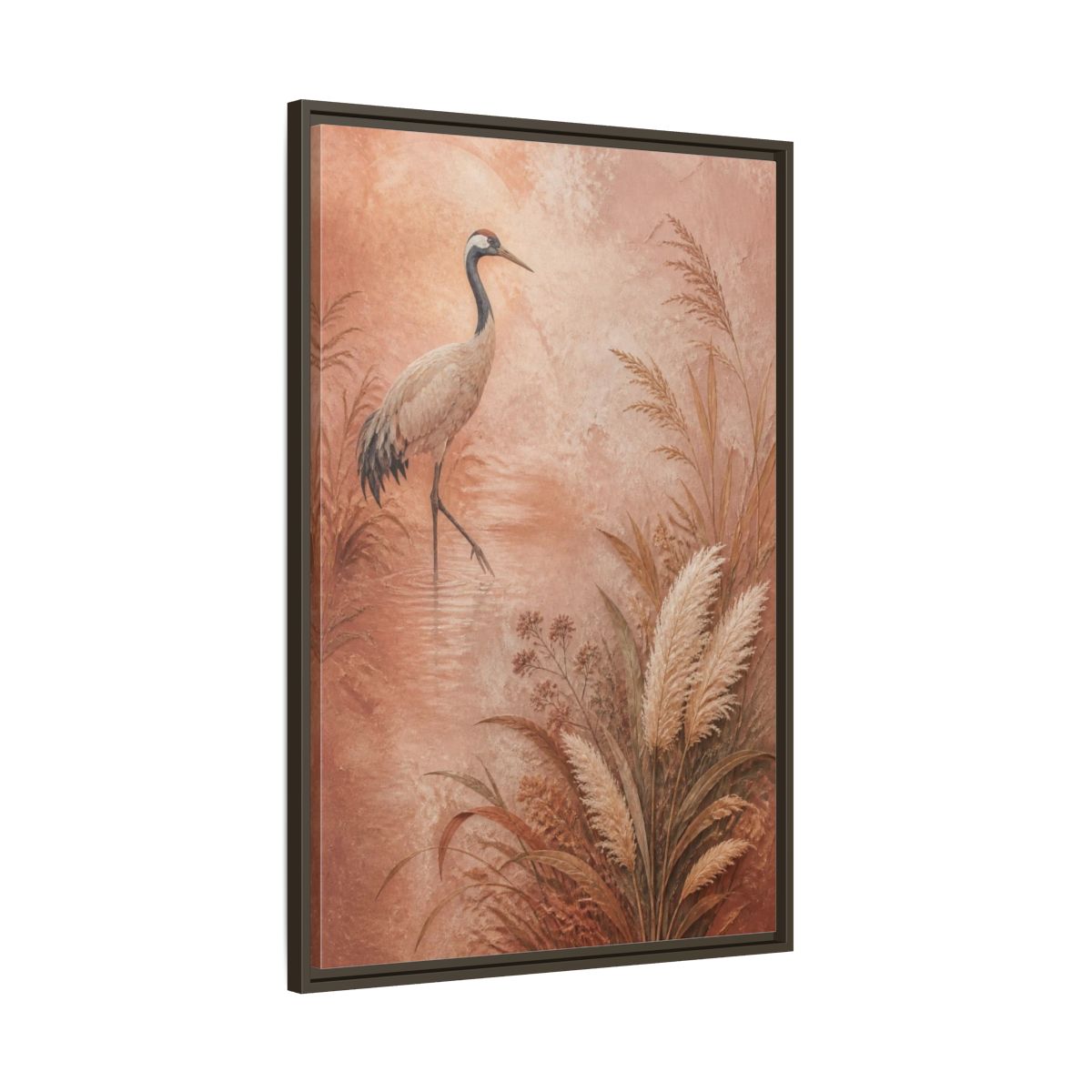 Main Mockup. Boho Crane In Blush Mist shown as framed canvas print