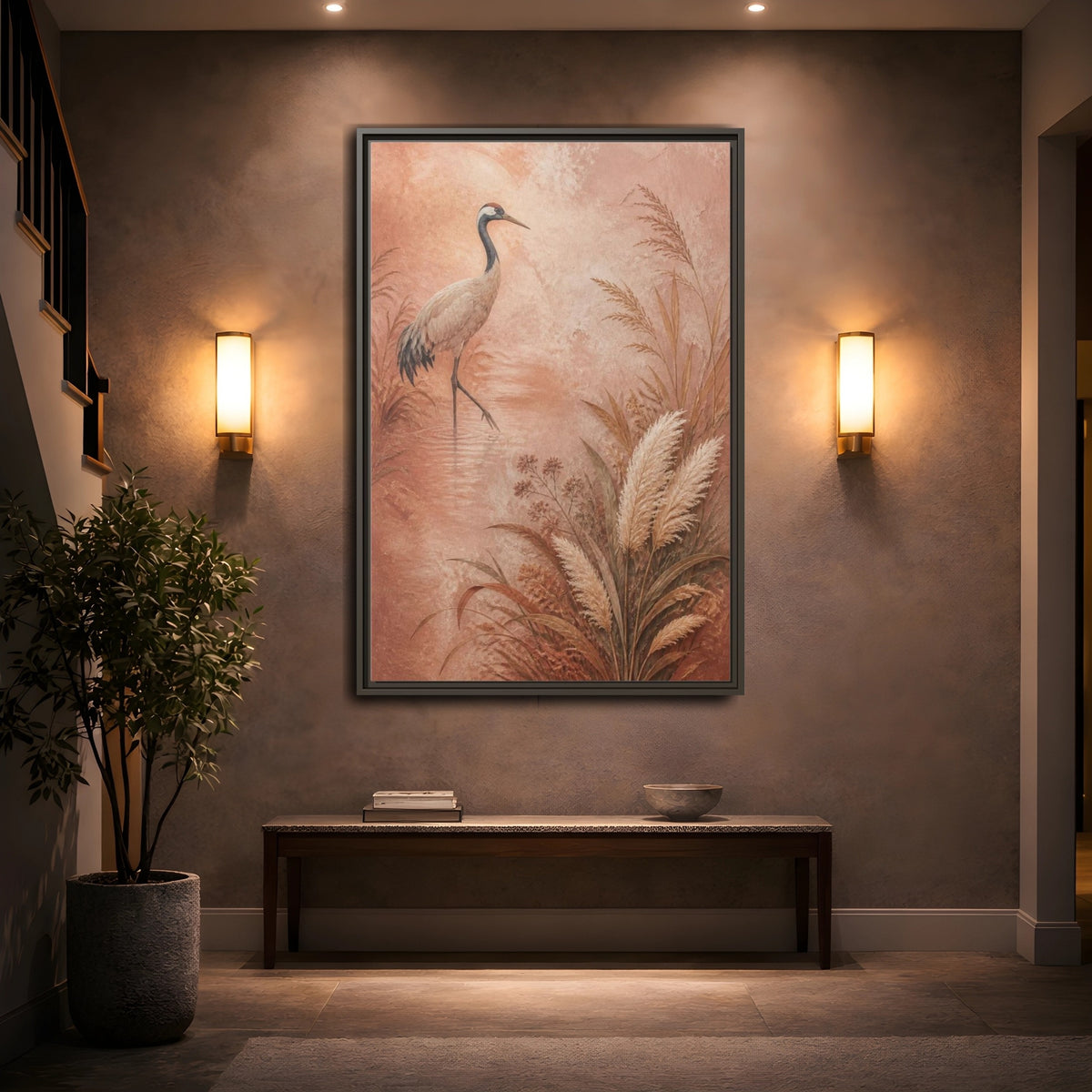 Mockup 2. Boho Crane In Blush Mist shown as framed canvas print