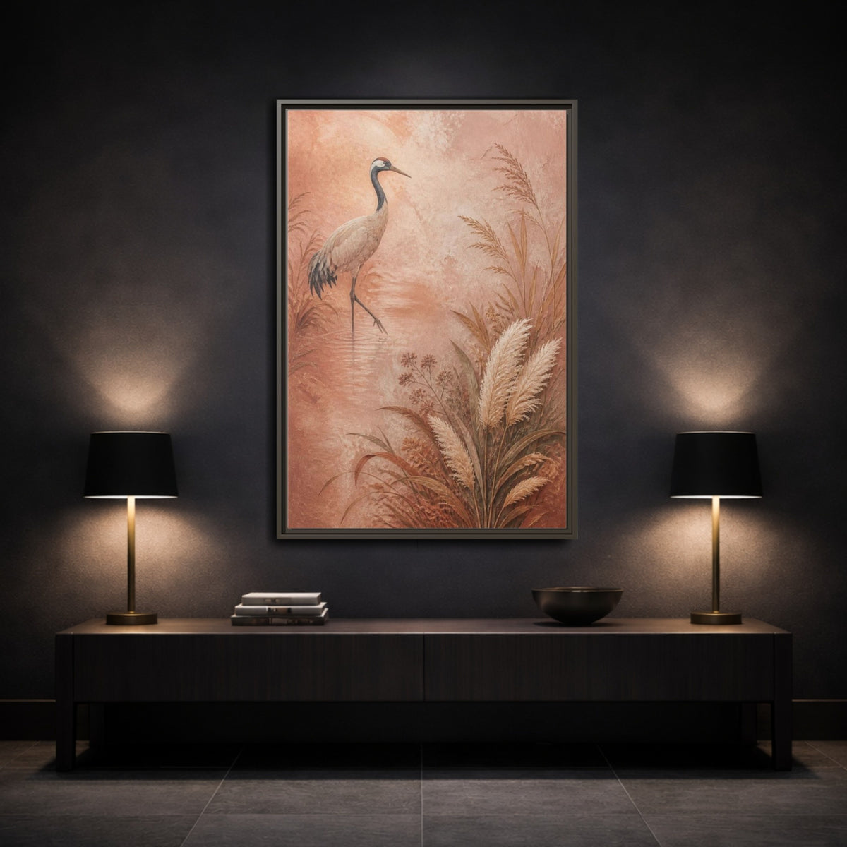 Mockup 3. Boho Crane In Blush Mist shown as framed canvas print