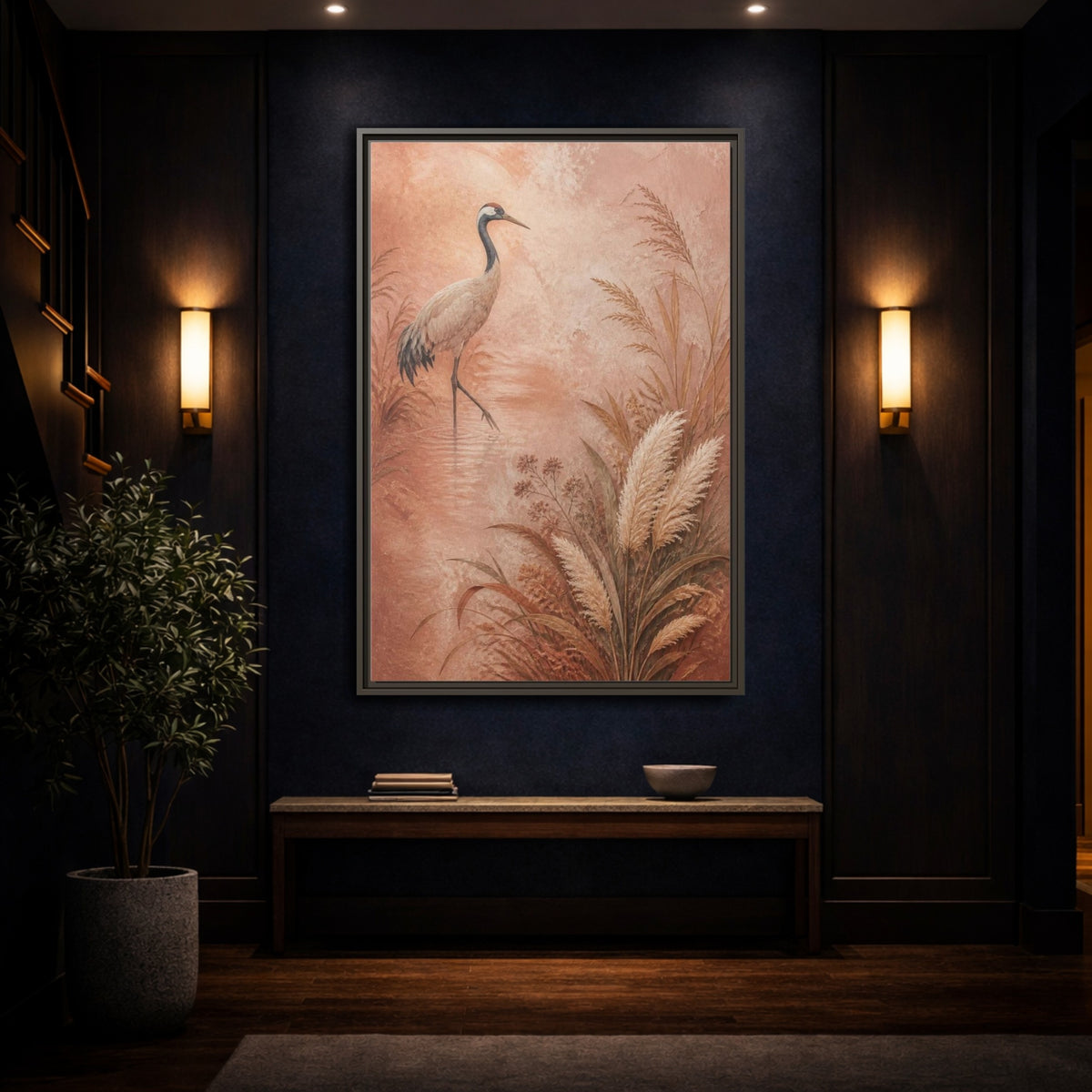 Mockup 4. Boho Crane In Blush Mist shown as framed canvas print