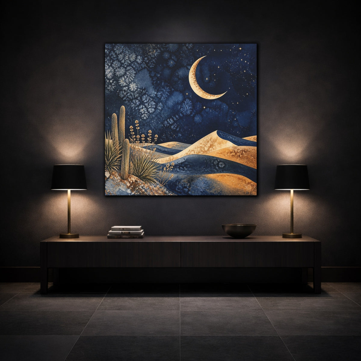 Mockup 3. Boho Crescent Moon shown as canvas print