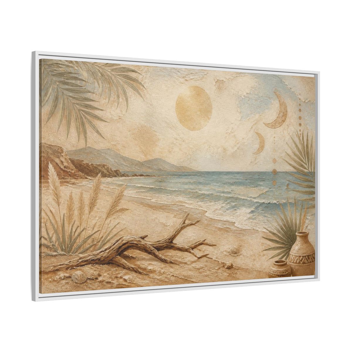 Side Mockup 7. Boho Driftwood Beach shown as framed canvas print