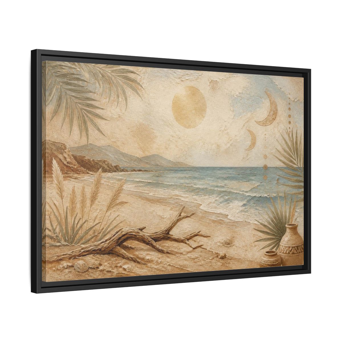 Side Mockup 14. Boho Driftwood Beach shown as framed canvas print