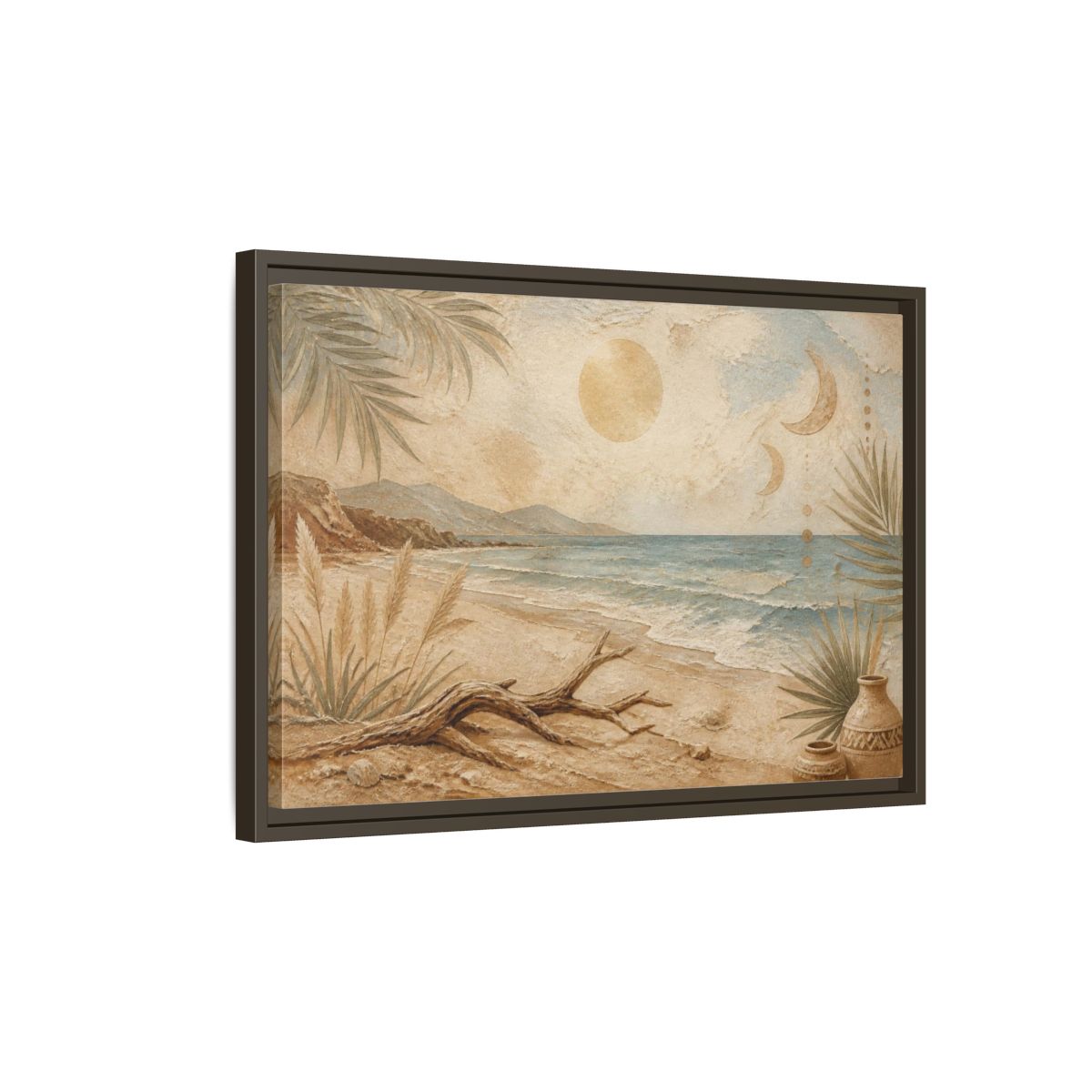 Side Mockup 2. Boho Driftwood Beach shown as framed canvas print