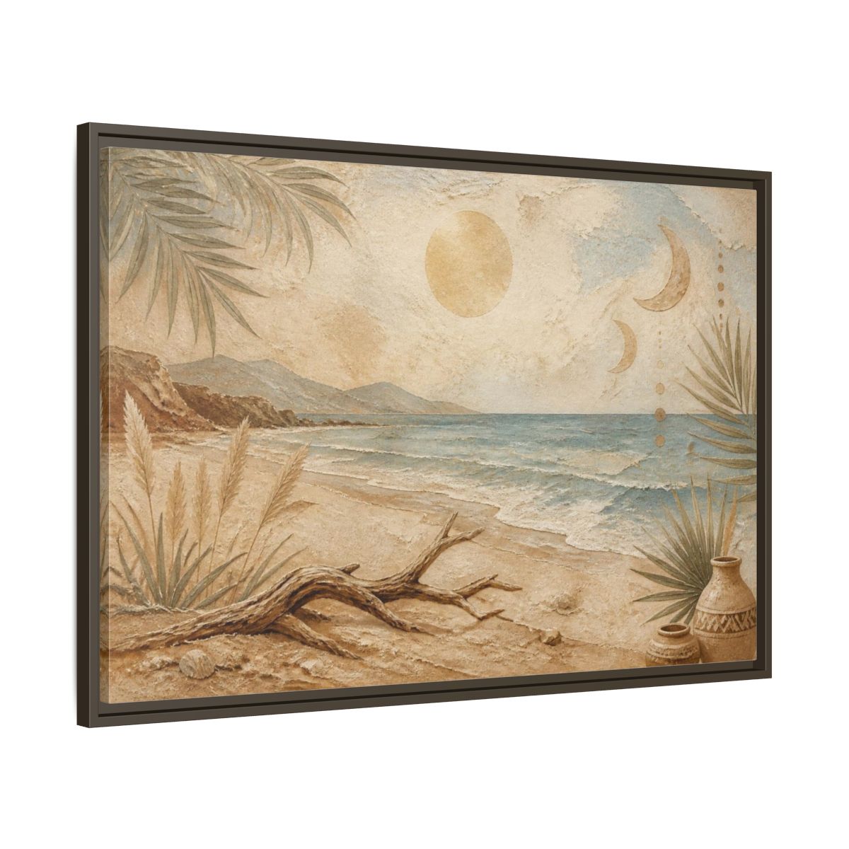 Main Mockup. Boho Driftwood Beach shown as framed canvas print