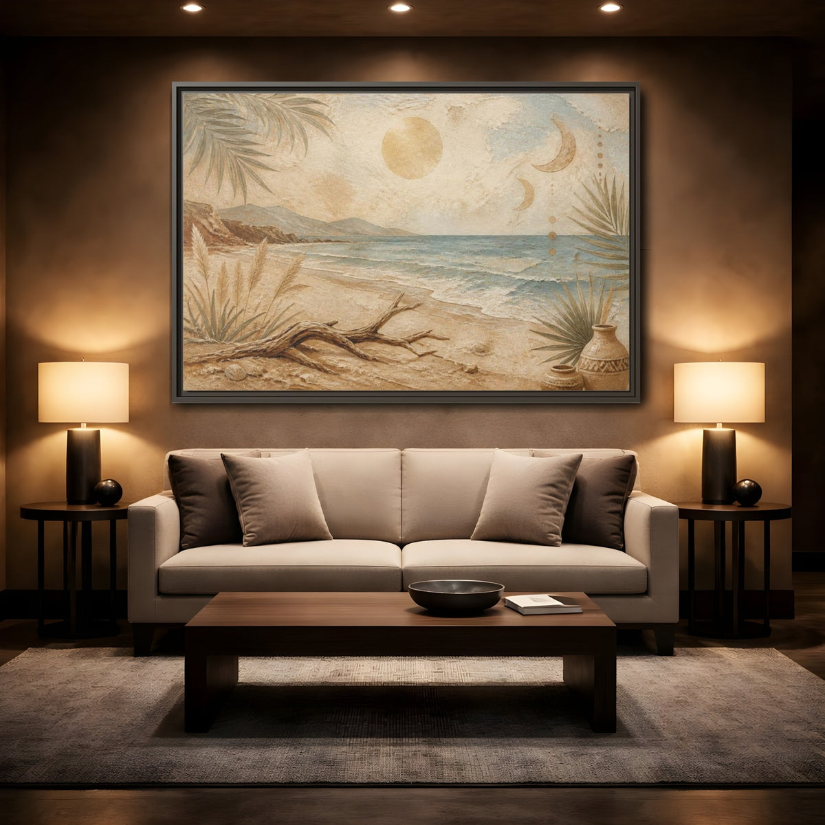 Mockup 2. Boho Driftwood Beach shown as framed canvas print