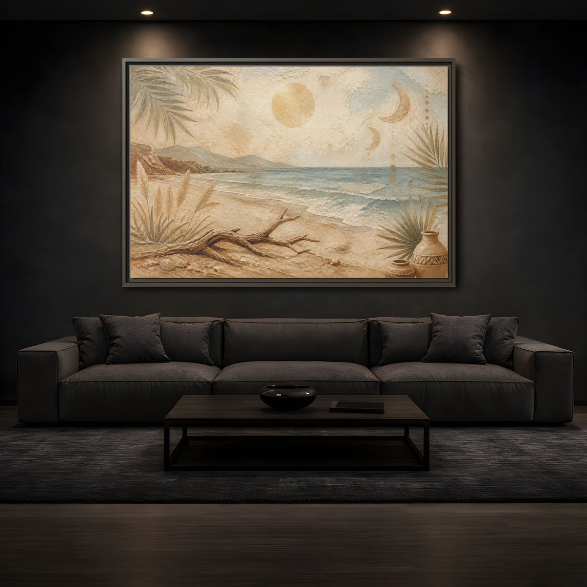 Mockup 3. Boho Driftwood Beach shown as framed canvas print