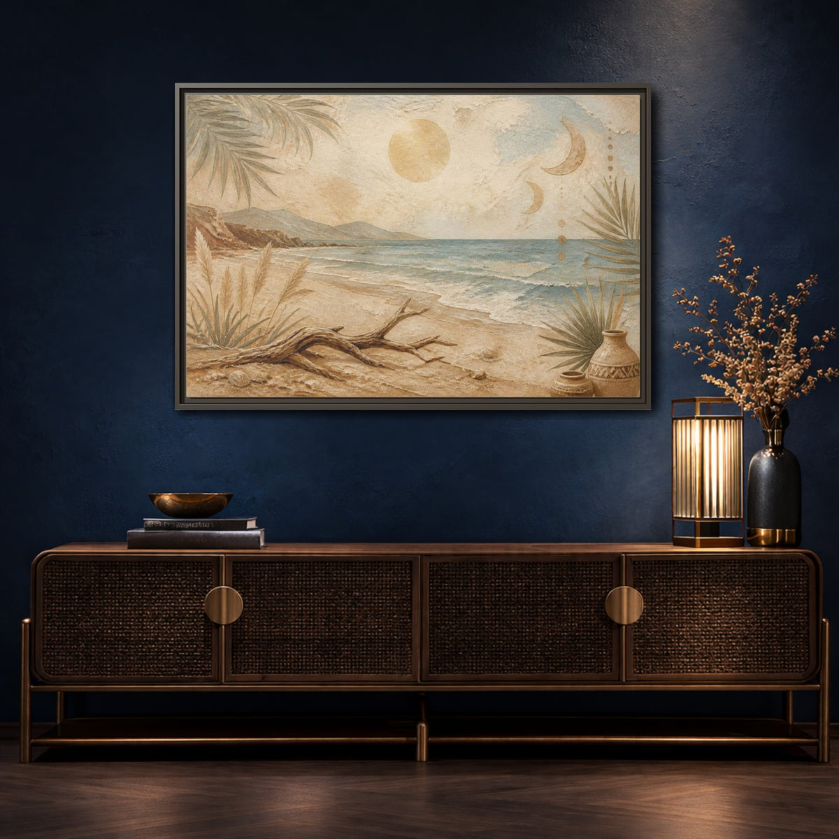 Mockup 4. Boho Driftwood Beach shown as framed canvas print
