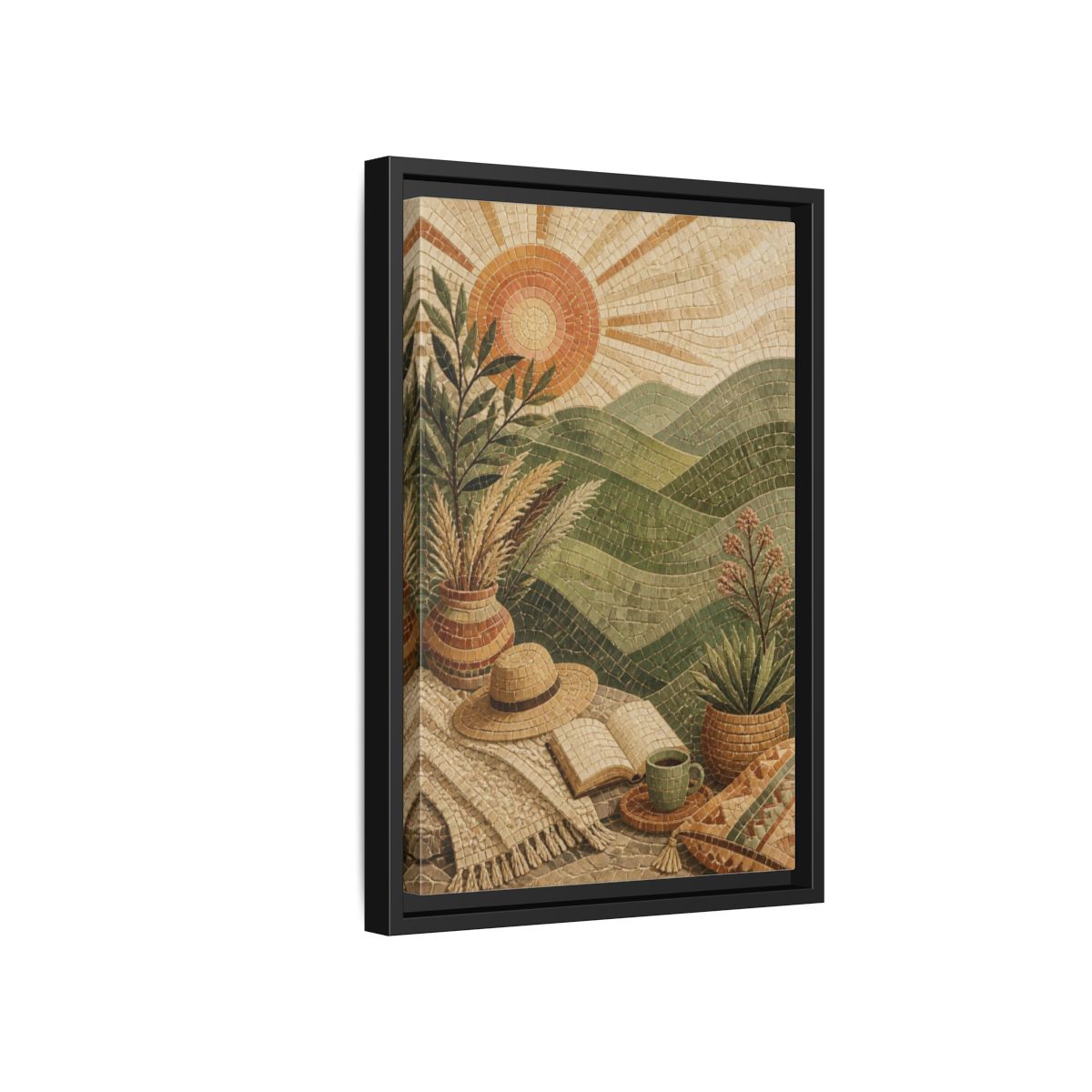 Side Mockup 6. Boho Green Hills Mosaic shown as framed canvas print