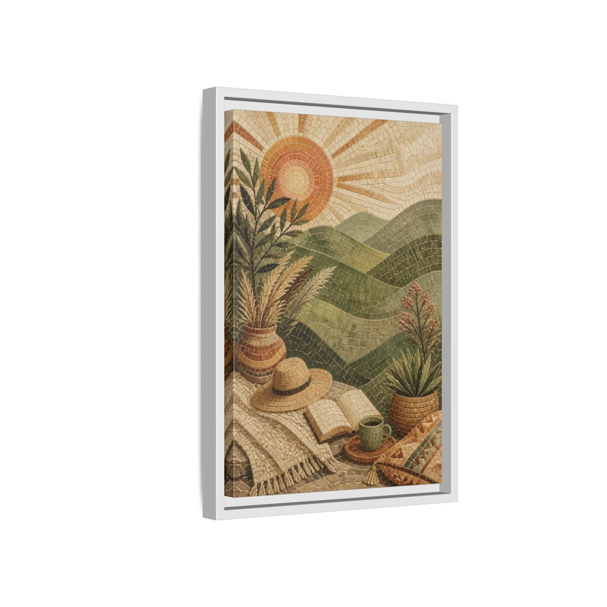 Side Mockup 4. Boho Green Hills Mosaic shown as framed canvas print