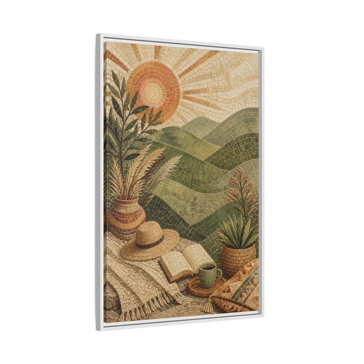 Side Mockup 9. Boho Green Hills Mosaic shown as framed canvas print