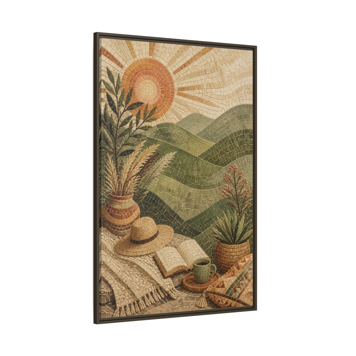 Side Mockup 8. Boho Green Hills Mosaic shown as framed canvas print