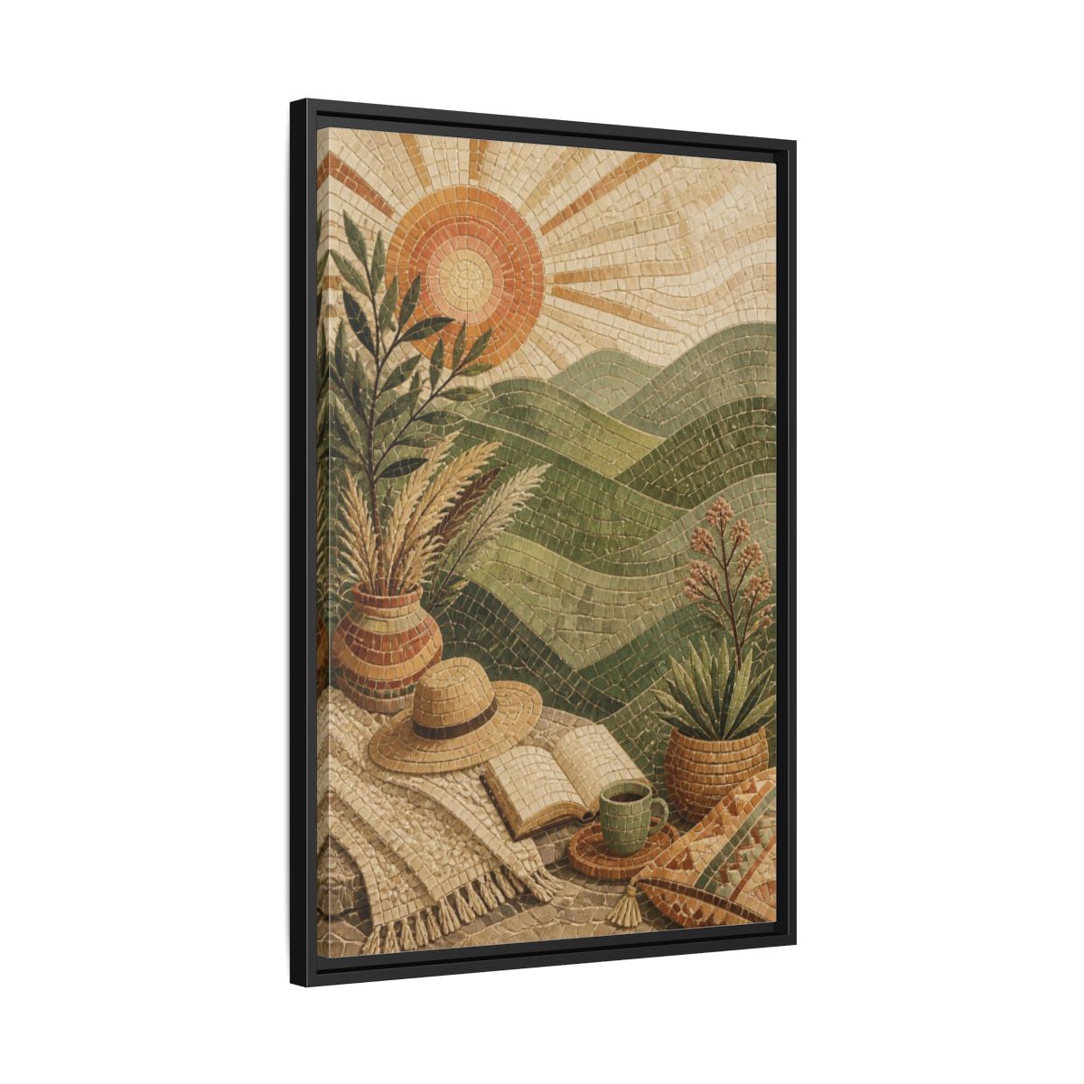 Side Mockup 14. Boho Green Hills Mosaic shown as framed canvas print