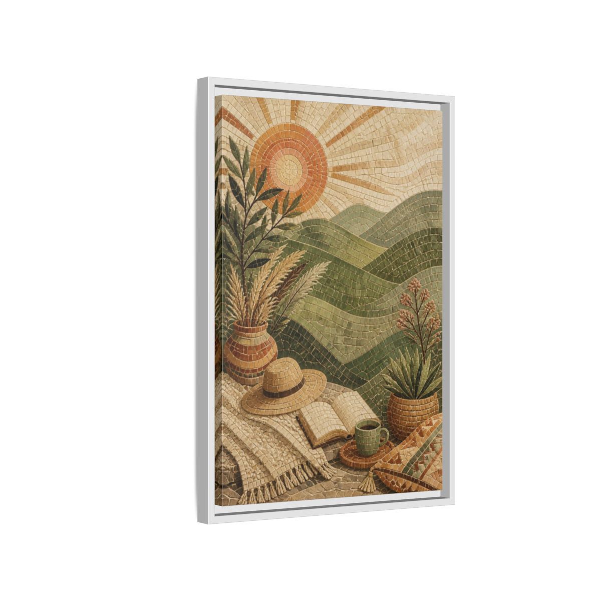 Side Mockup 1. Boho Green Hills Mosaic shown as framed canvas print