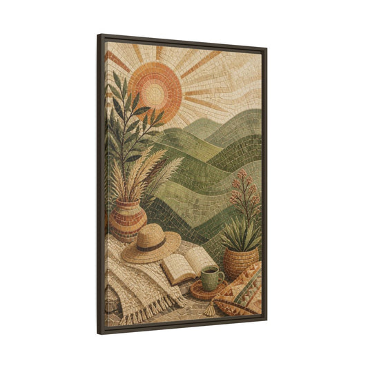 Main Mockup. Boho Green Hills Mosaic shown as framed canvas print