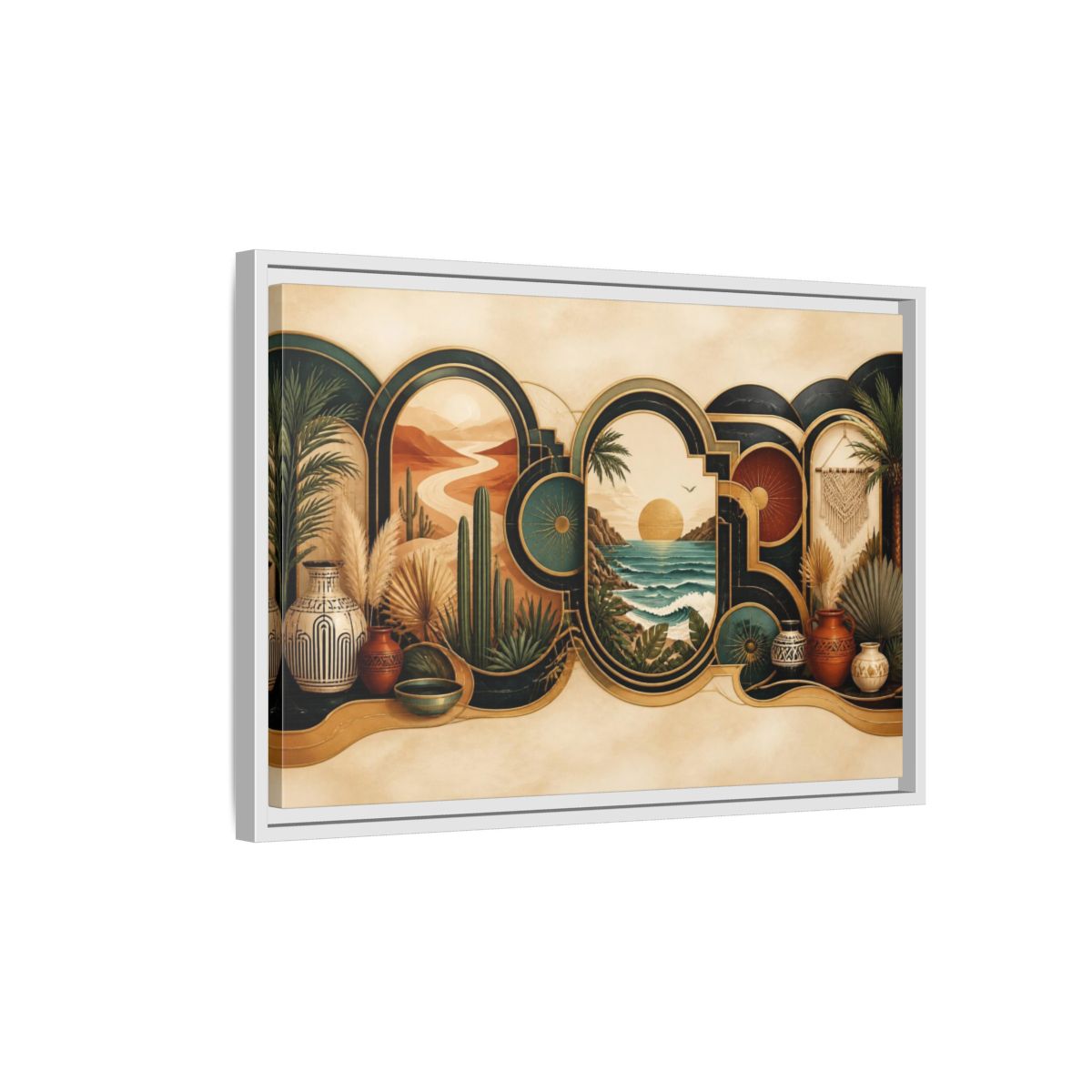 Side Mockup 1. Boho Landscape Portals shown as framed canvas print