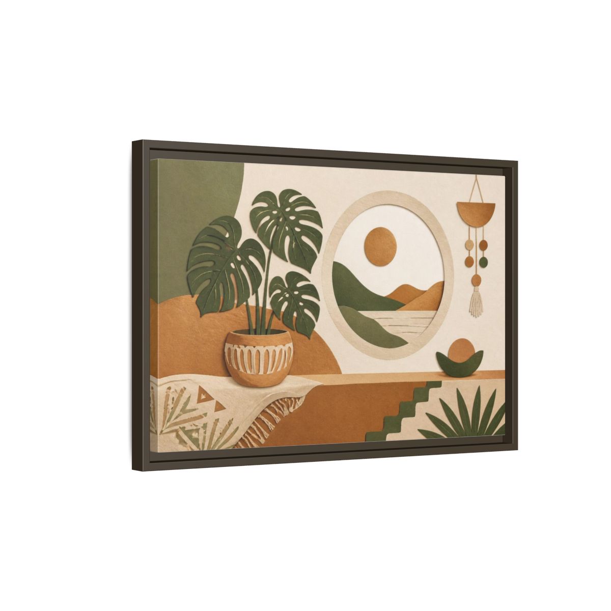 Side Mockup 2. Boho Monstera Window shown as framed canvas print