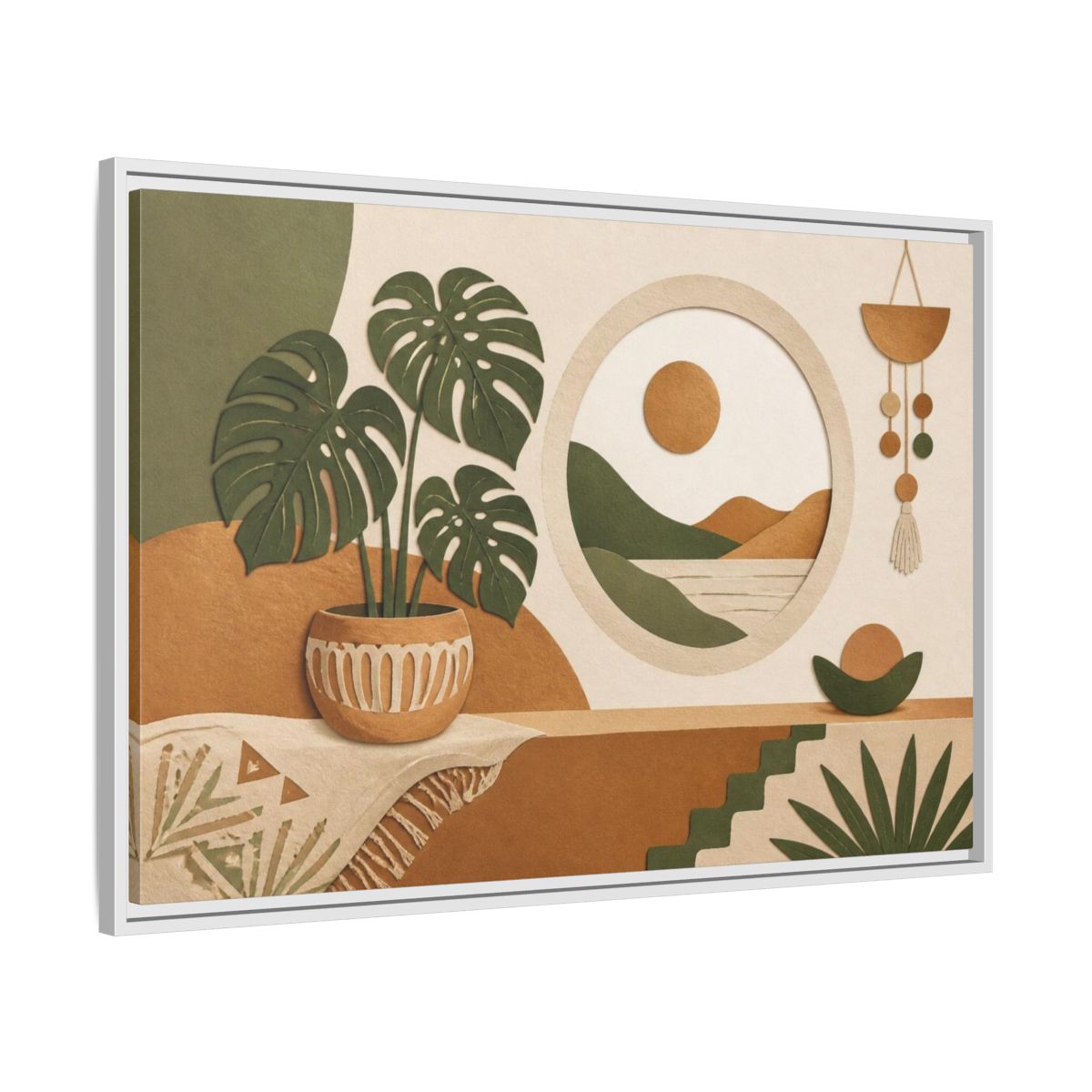 Side Mockup 9. Boho Monstera Window shown as framed canvas print