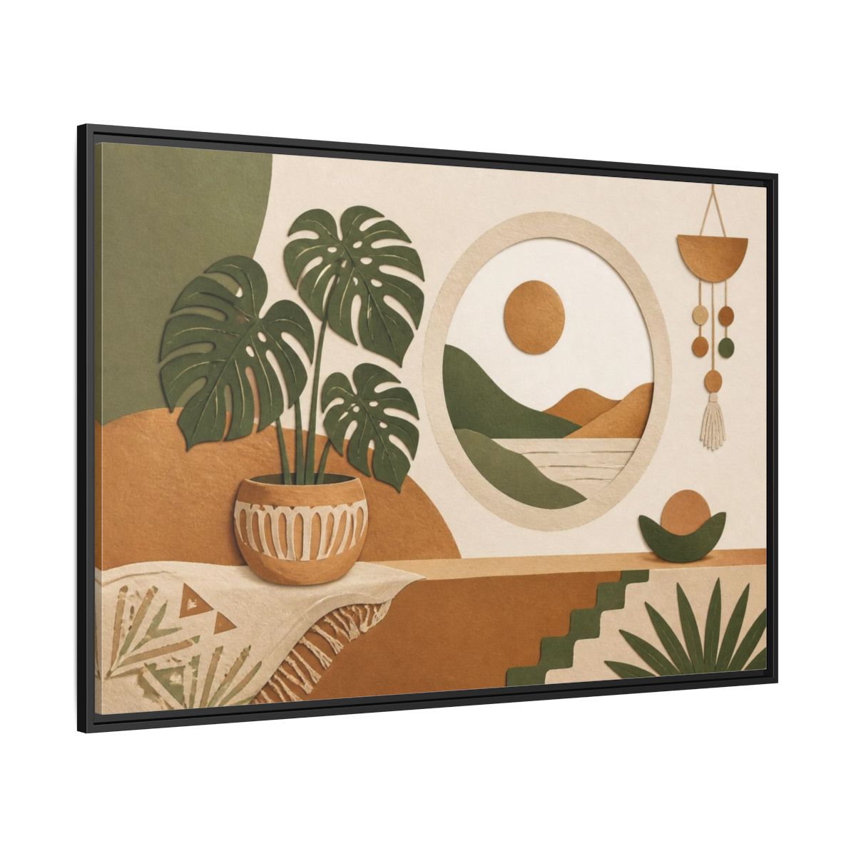 Side Mockup 12. Boho Monstera Window shown as framed canvas print