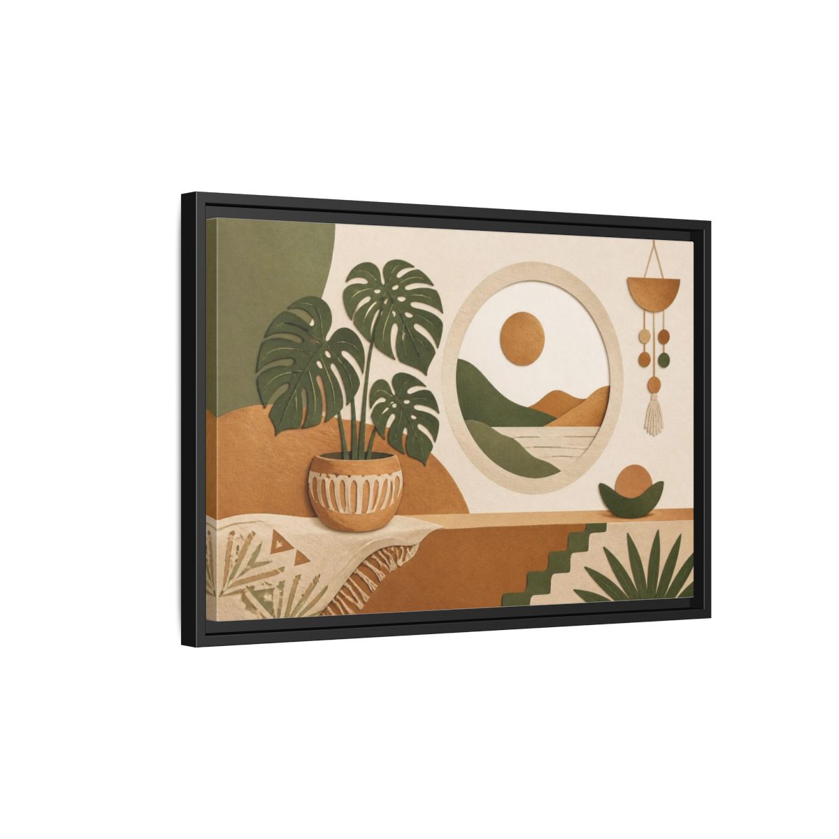 Side Mockup 3. Boho Monstera Window shown as framed canvas print