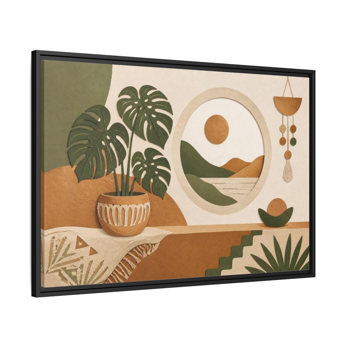 Side Mockup 13. Boho Monstera Window shown as framed canvas print