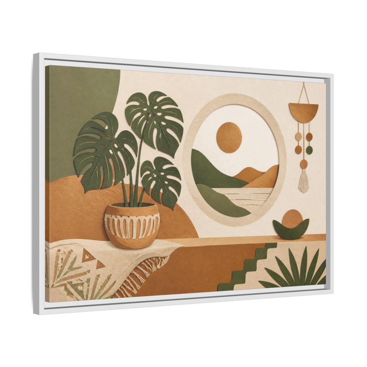 Side Mockup 10. Boho Monstera Window shown as framed canvas print