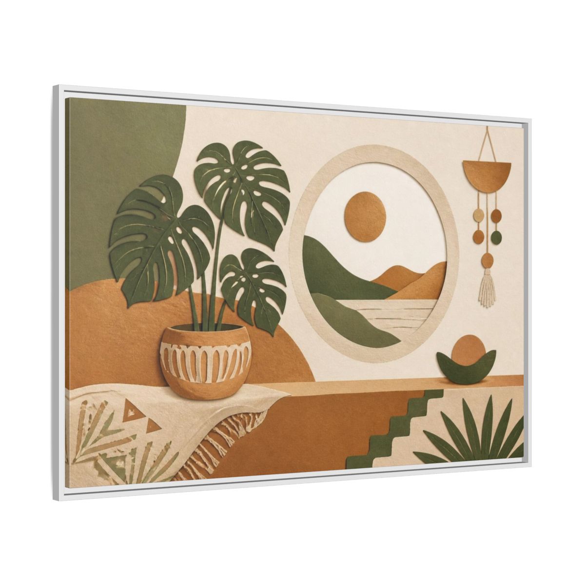 Side Mockup 7. Boho Monstera Window shown as framed canvas print
