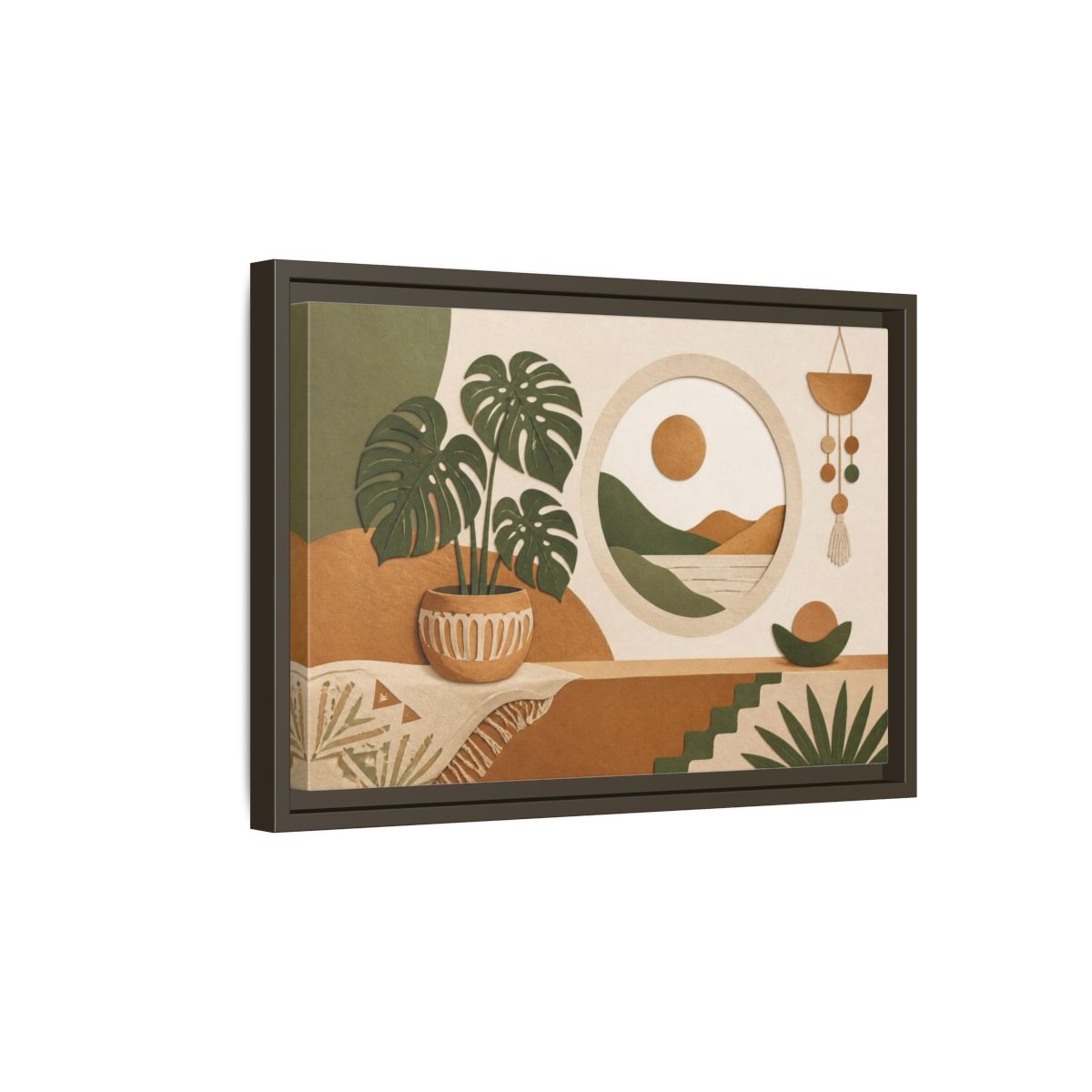 Side Mockup 5. Boho Monstera Window shown as framed canvas print