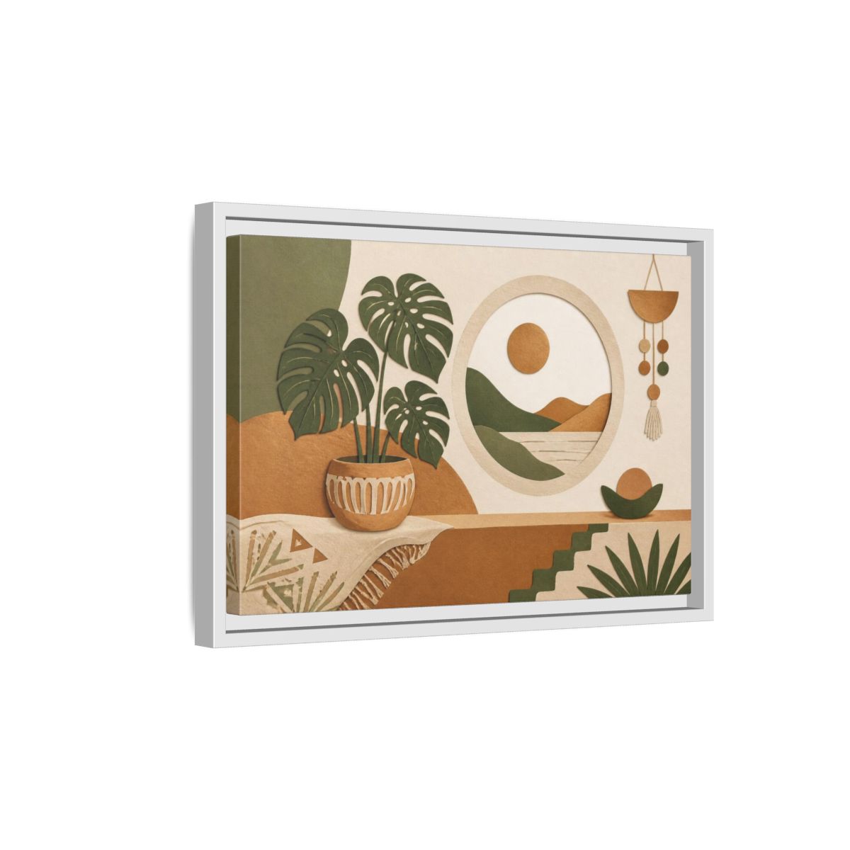 Side Mockup 4. Boho Monstera Window shown as framed canvas print