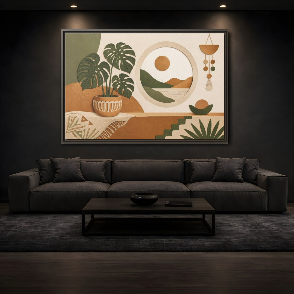 Mockup 3. Boho Monstera Window shown as framed canvas print