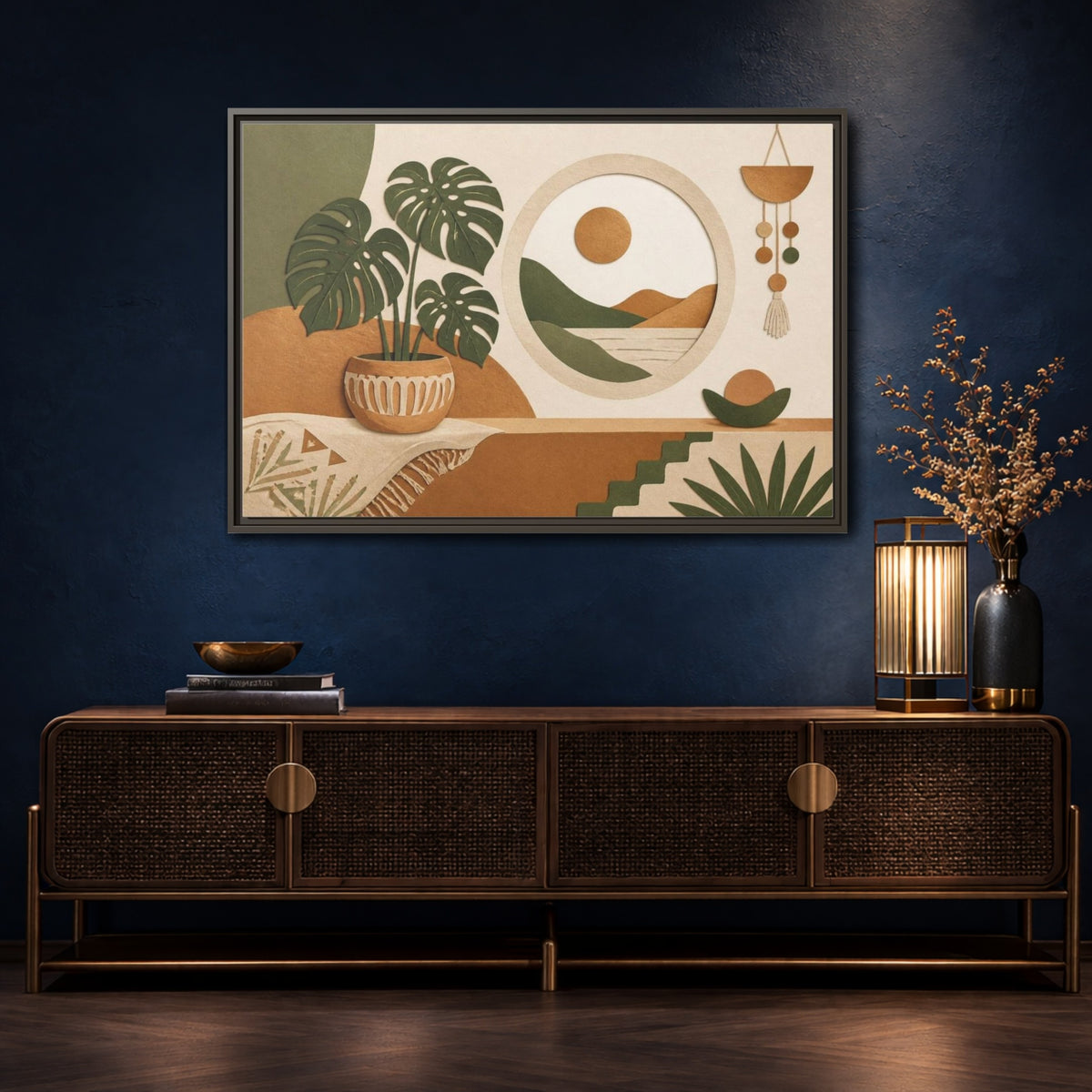 Mockup 4. Boho Monstera Window shown as framed canvas print