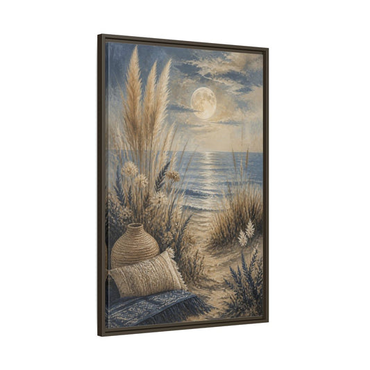 Main Mockup. Boho Moonrise Over Dune Grass shown as framed canvas print