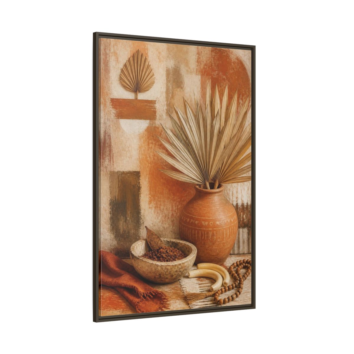 Side Mockup 8. Boho Palm Clay Vase shown as framed canvas print