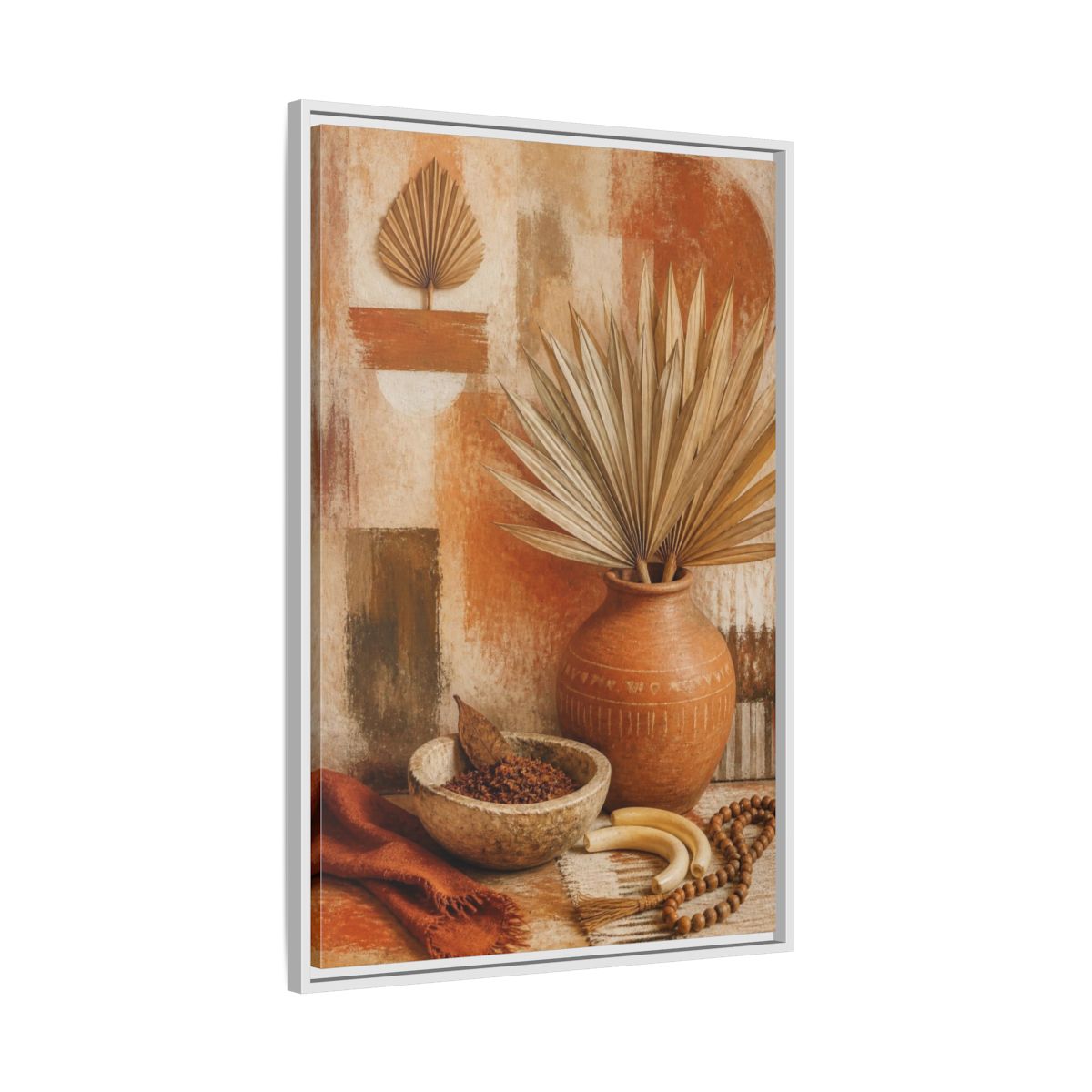 Side Mockup 9. Boho Palm Clay Vase shown as framed canvas print