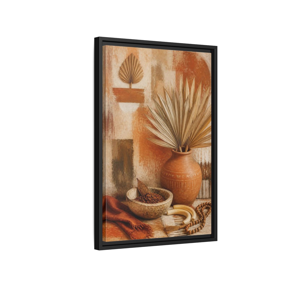 Side Mockup 3. Boho Palm Clay Vase shown as framed canvas print