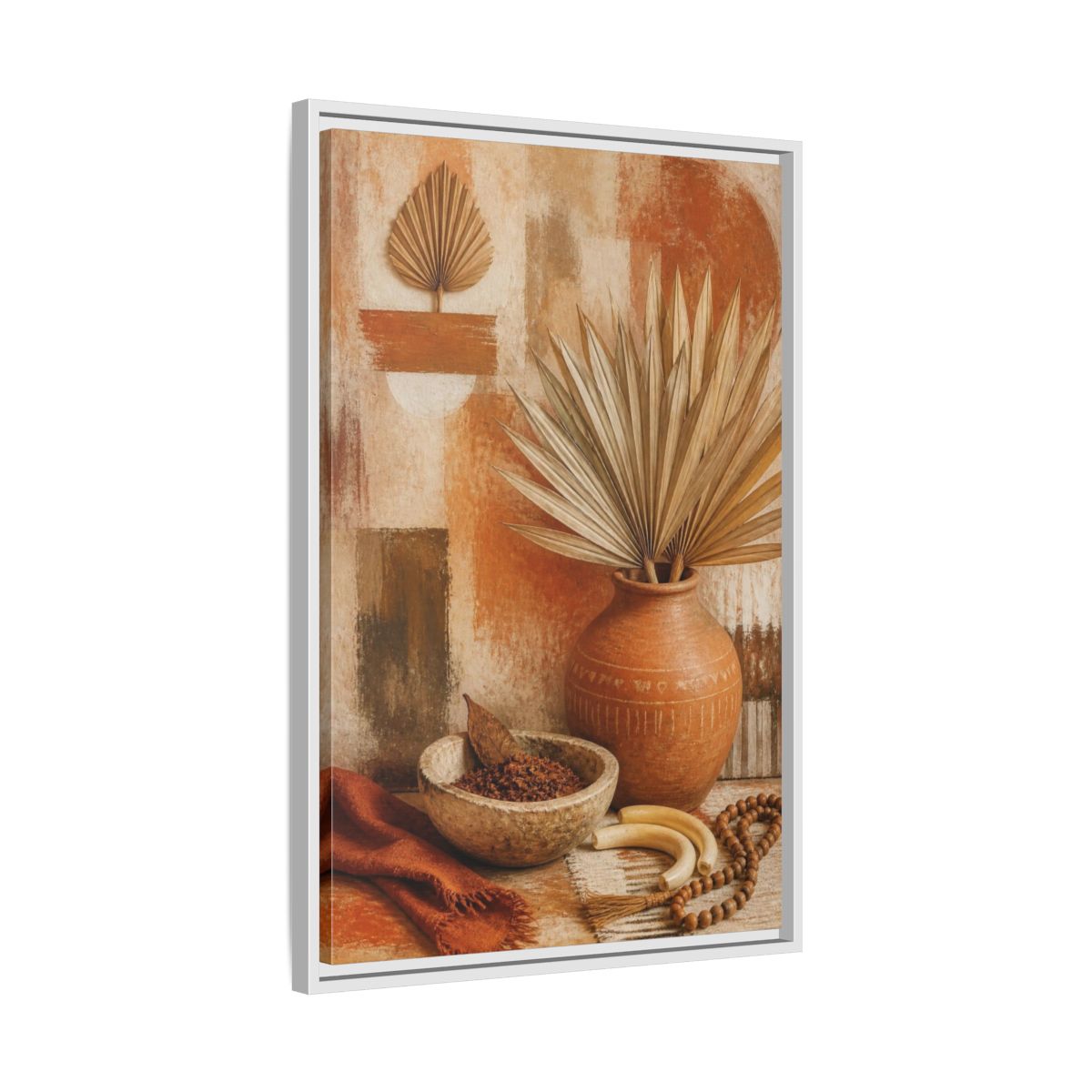 Side Mockup 10. Boho Palm Clay Vase shown as framed canvas print