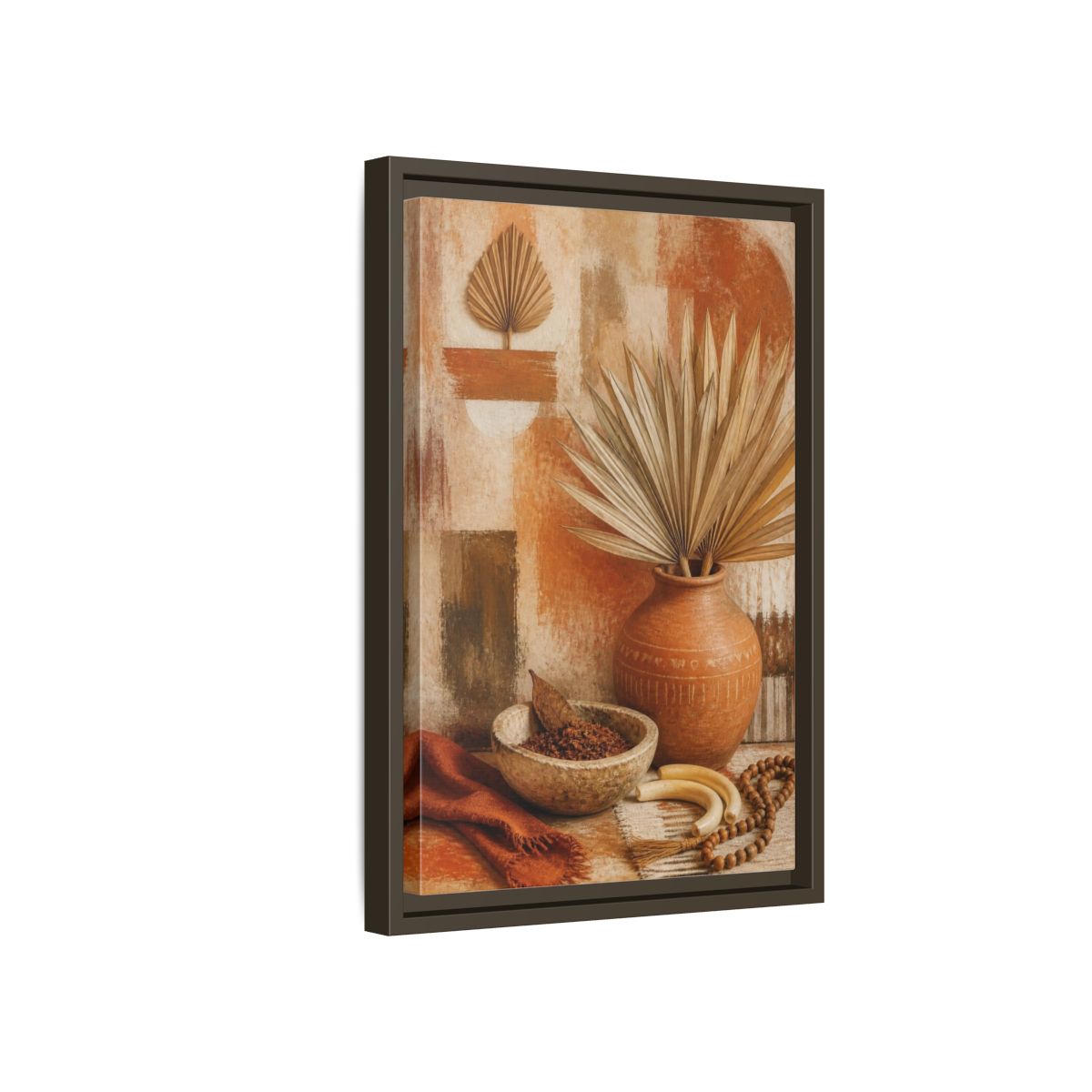 Side Mockup 5. Boho Palm Clay Vase shown as framed canvas print