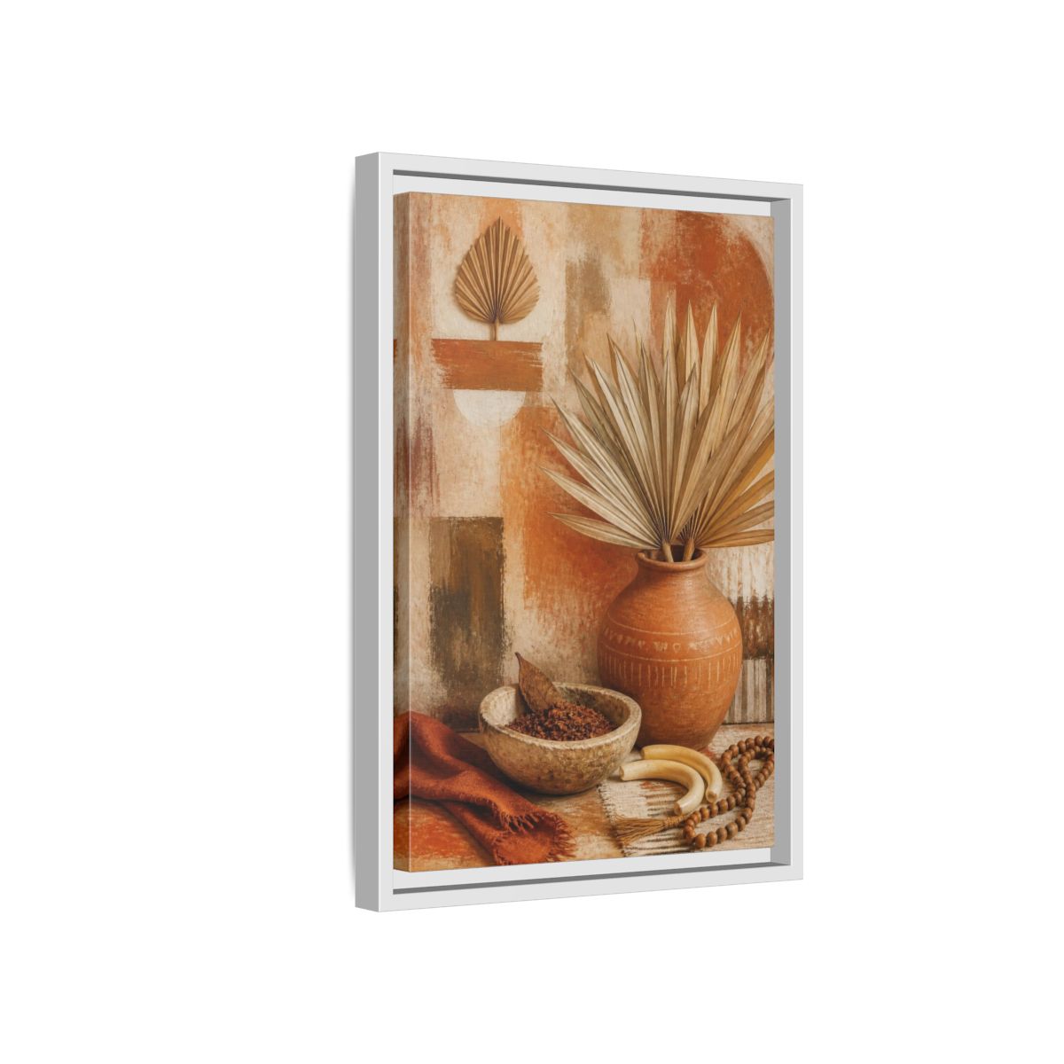 Side Mockup 4. Boho Palm Clay Vase shown as framed canvas print