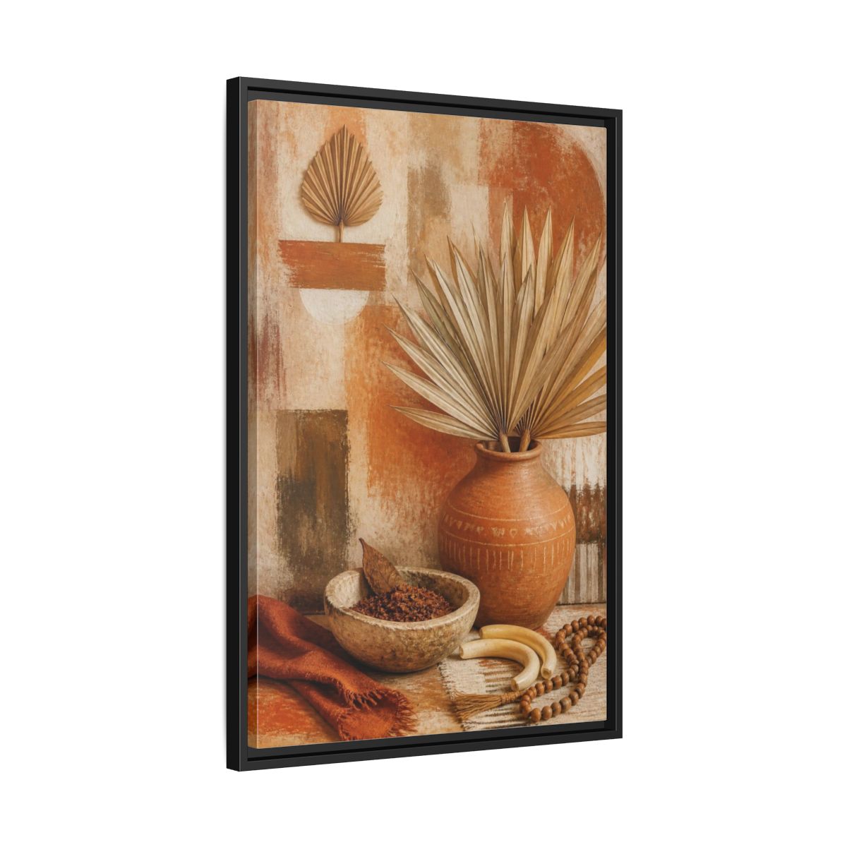 Side Mockup 14. Boho Palm Clay Vase shown as framed canvas print
